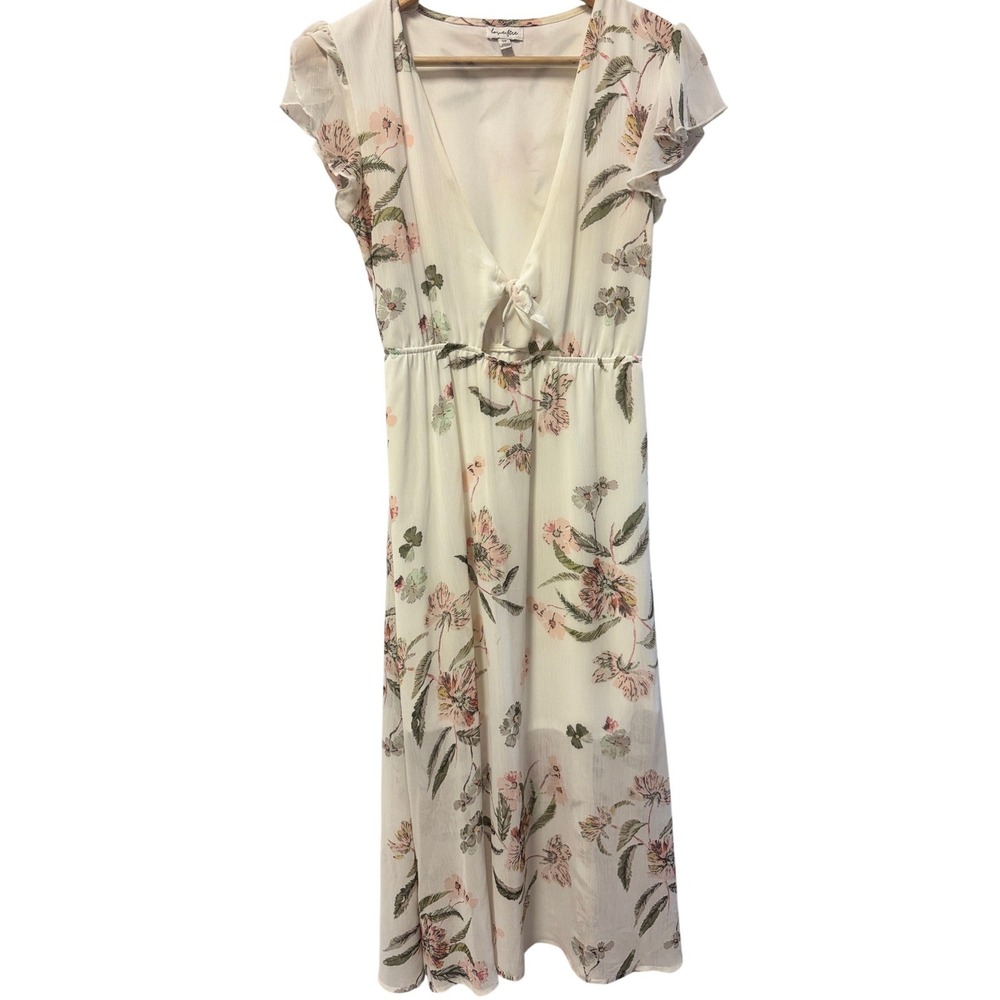 Love Fire Floral V-Neck Tie Front Flutter Sleeve Midi Dress Ivory Pink Small